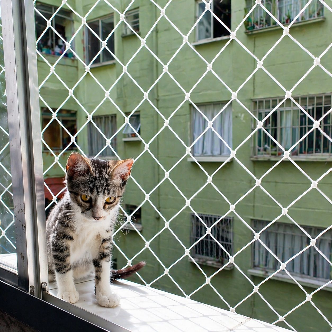 Gato preto em janela com rede